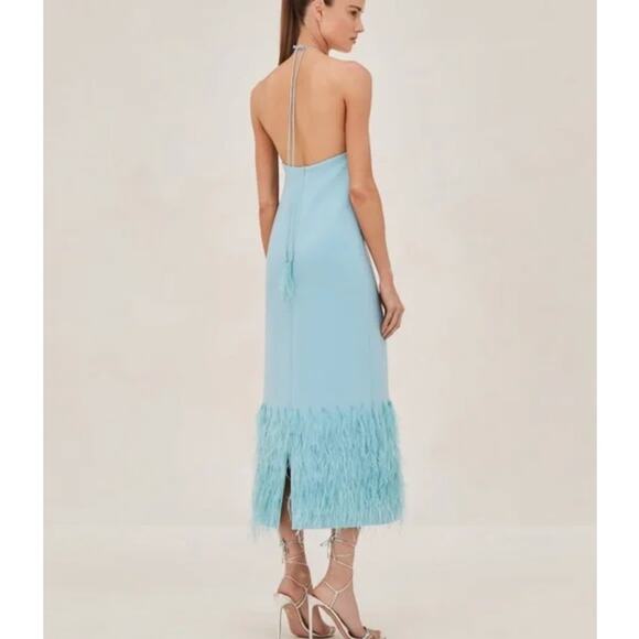 Alexis Dress XS Izzie Lagoon Feathered Blue Trim Halter Maxi Gown Evening Luxury - Picture 2 of 14